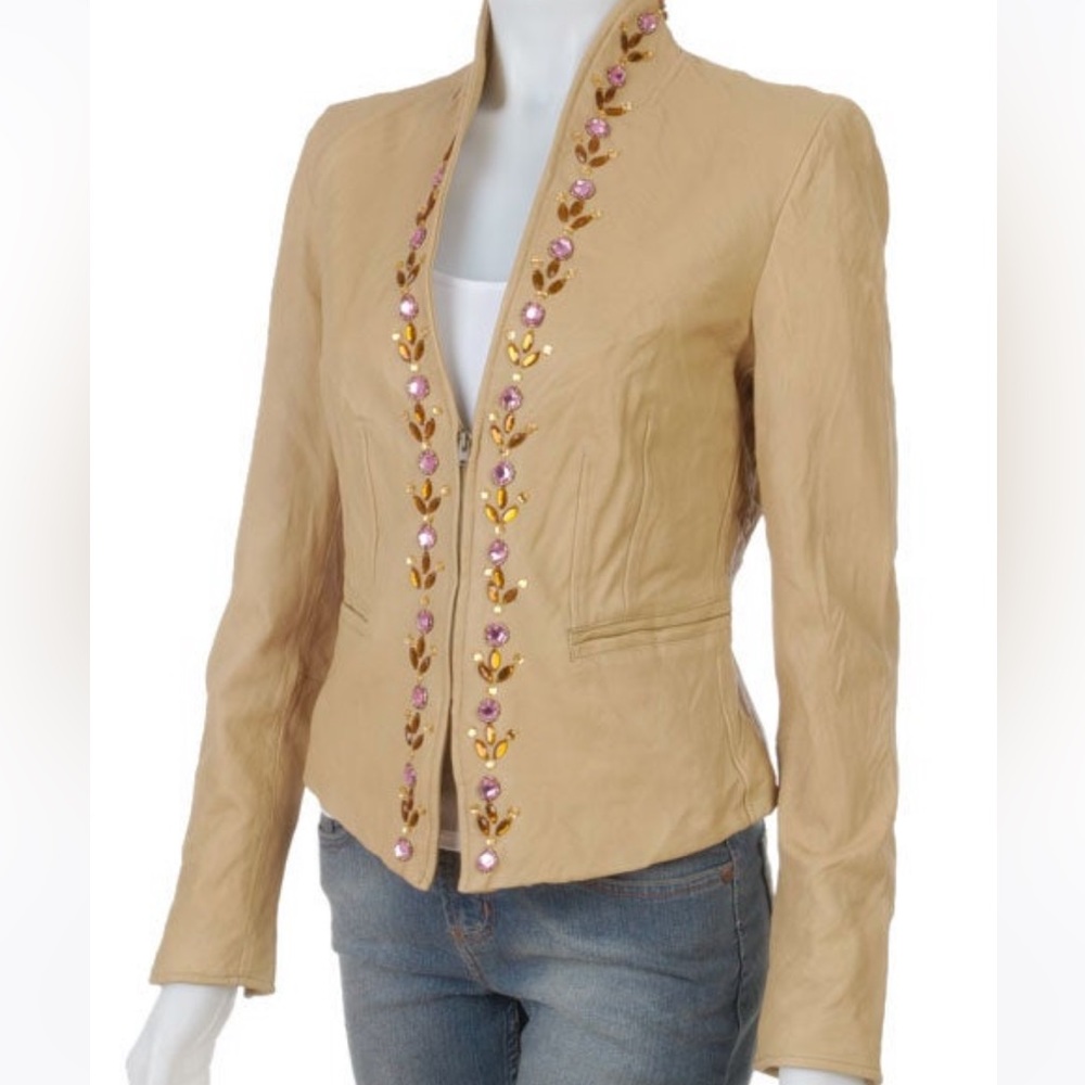 MARGARET GODFREY Crinkled Jeweled Leather Coat NWOT - Picture 2 of 12